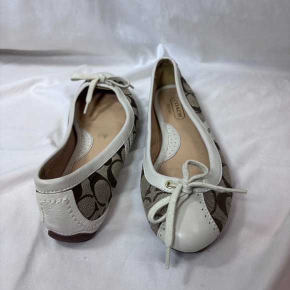 Coach Shoes - Coach Jana Ballet Flats Womens 6.5 Brown White Signature Monogram Bow SlipOn